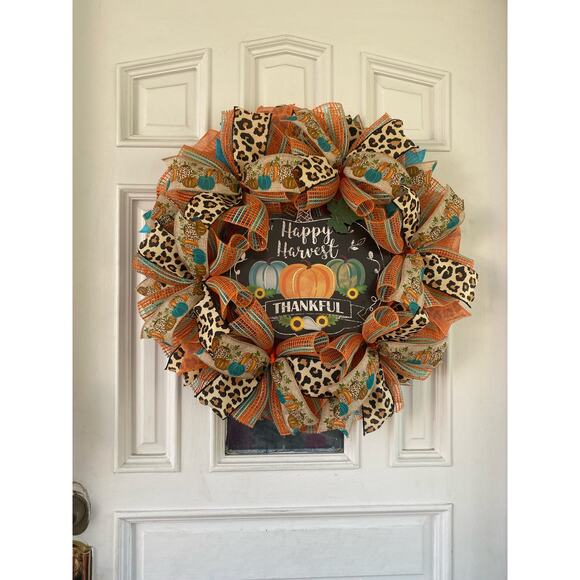 Happy Harvest Thankful Pumpkin Fall Deco Mesh Ribbon Leopard Cheetah Wreath - Picture 1 of 7